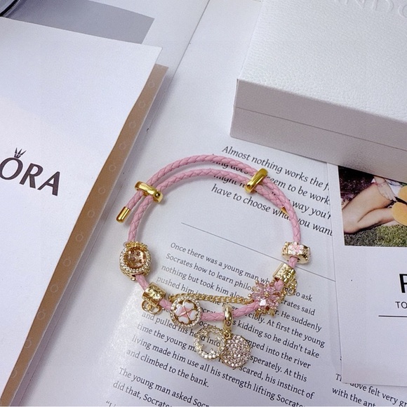 Pandora Pink Leather Bracelet with Gold Charms - Picture 6 of 6
